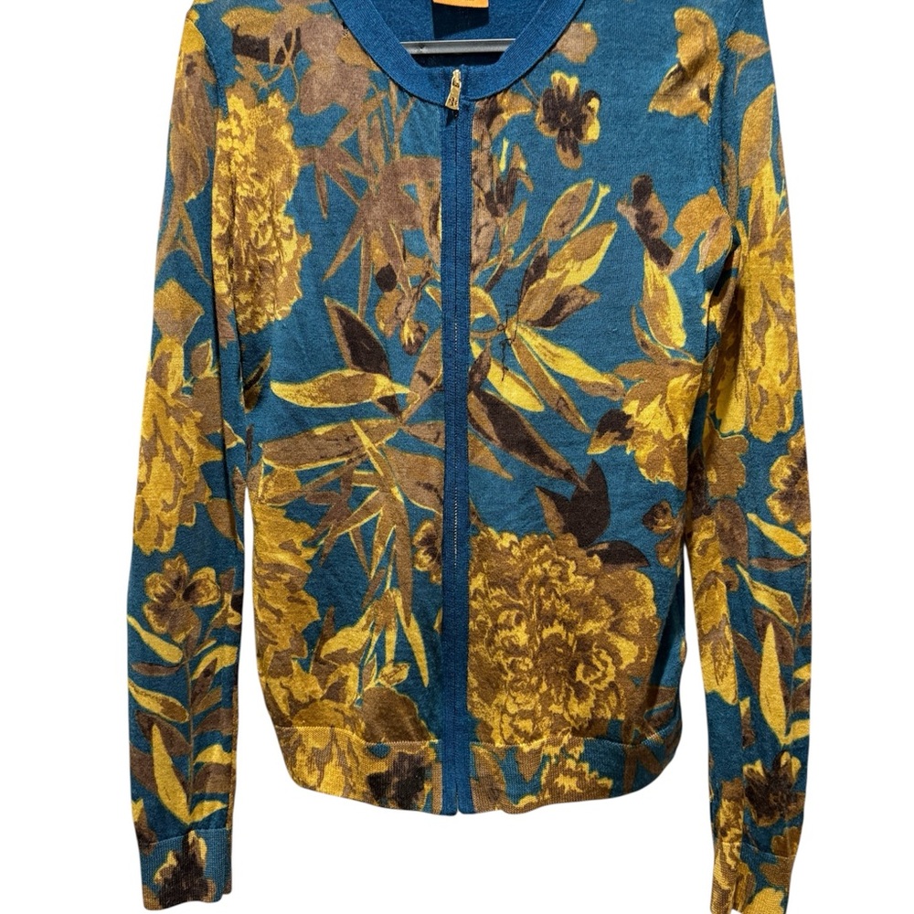 Tory Burch Blue and Yellow Floral Bomber Jacket